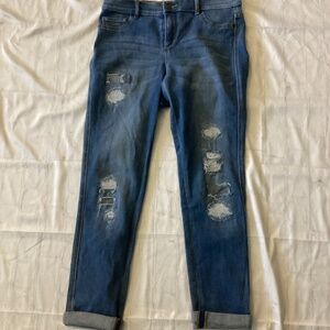 PATCH STRETCHY DISTRESSED JEANS (Size: 10) ( Sea Blue) PREOWNED